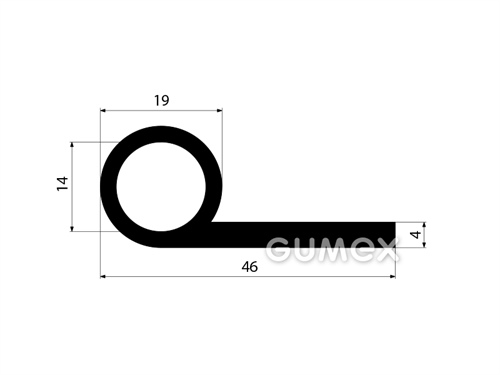 Gummiprofil, 46x19/4mm, "P" Form mit Loch, Länge 2500mm, 60°ShA, SBR, -40°C/+70°C, schwarz, 